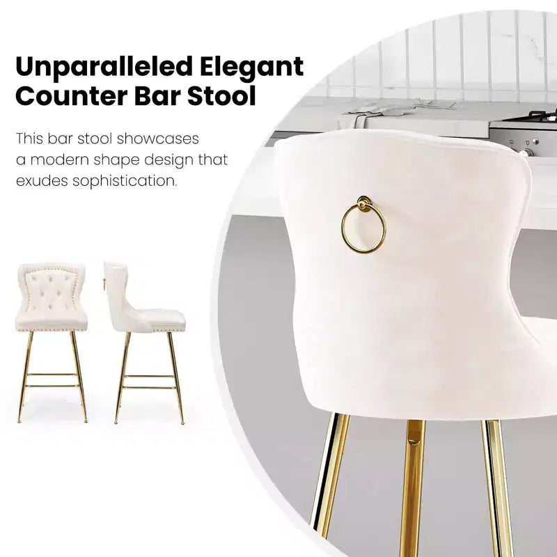 Okak Bar Stools Set of 2, Velvet Counter Height Barstools with Button Tufted Wing Back and Nailhead Trim, Elegant Bar Chairs for Kitchen Island