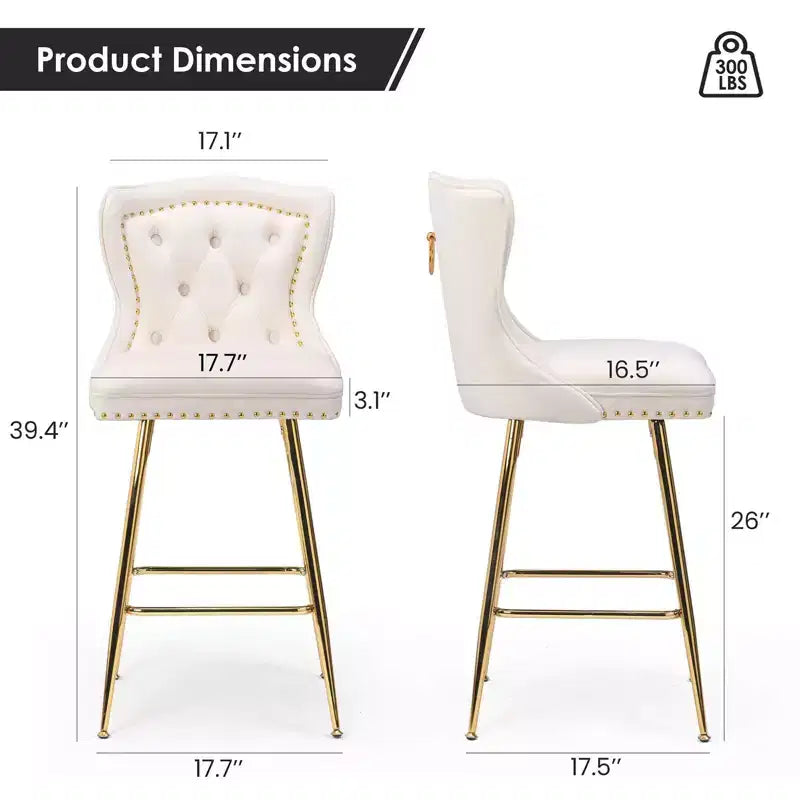 Okak Bar Stools Set of 2, Velvet Counter Height Barstools with Button Tufted Wing Back and Nailhead Trim, Elegant Bar Chairs for Kitchen Island