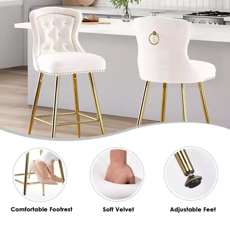 Okak Bar Stools Set of 2, Velvet Counter Height Barstools with Button Tufted Wing Back and Nailhead Trim, Elegant Bar Chairs for Kitchen Island