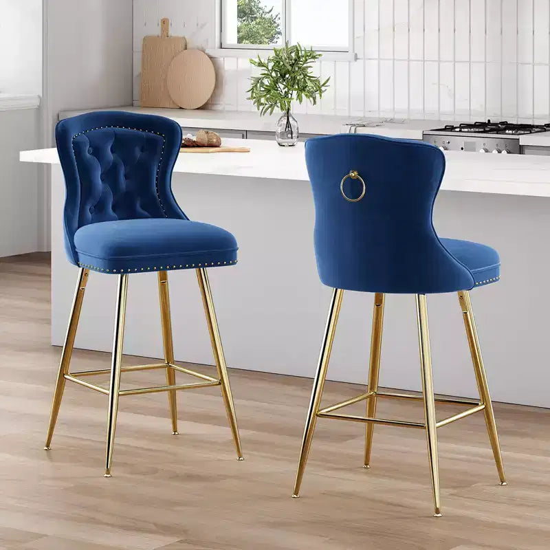 Okak Bar Stools Set of 2, Velvet Counter Height Barstools with Button Tufted Wing Back and Nailhead Trim, Elegant Bar Chairs for Kitchen Island