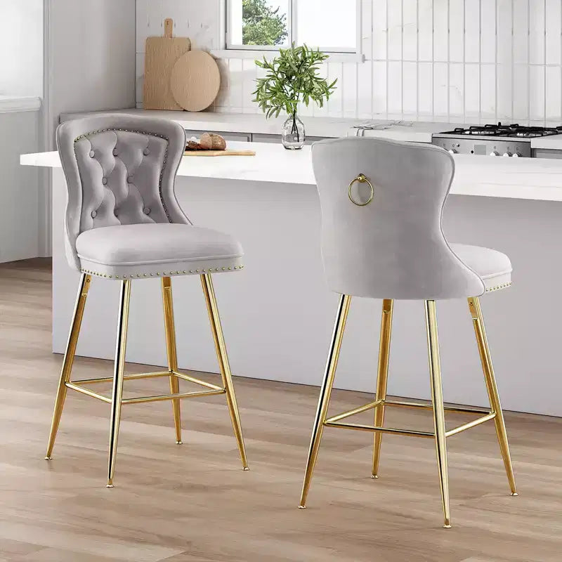 Okak Bar Stools Set of 2, Velvet Counter Height Barstools with Button Tufted Wing Back and Nailhead Trim, Elegant Bar Chairs for Kitchen Island