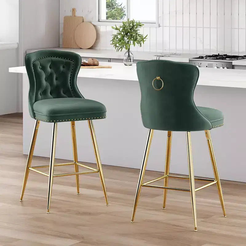 Okak Bar Stools Set of 2, Velvet Counter Height Barstools with Button Tufted Wing Back and Nailhead Trim, Elegant Bar Chairs for Kitchen Island