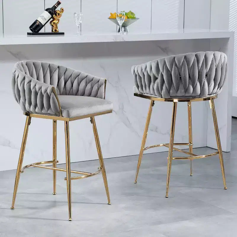 Okak 26 Inch Counter Stools with Velvet Upholstery, Hand-Wave Back Bar Stools with Golden Chromed Base and Footrest, for Kitchen Island, Home Bar