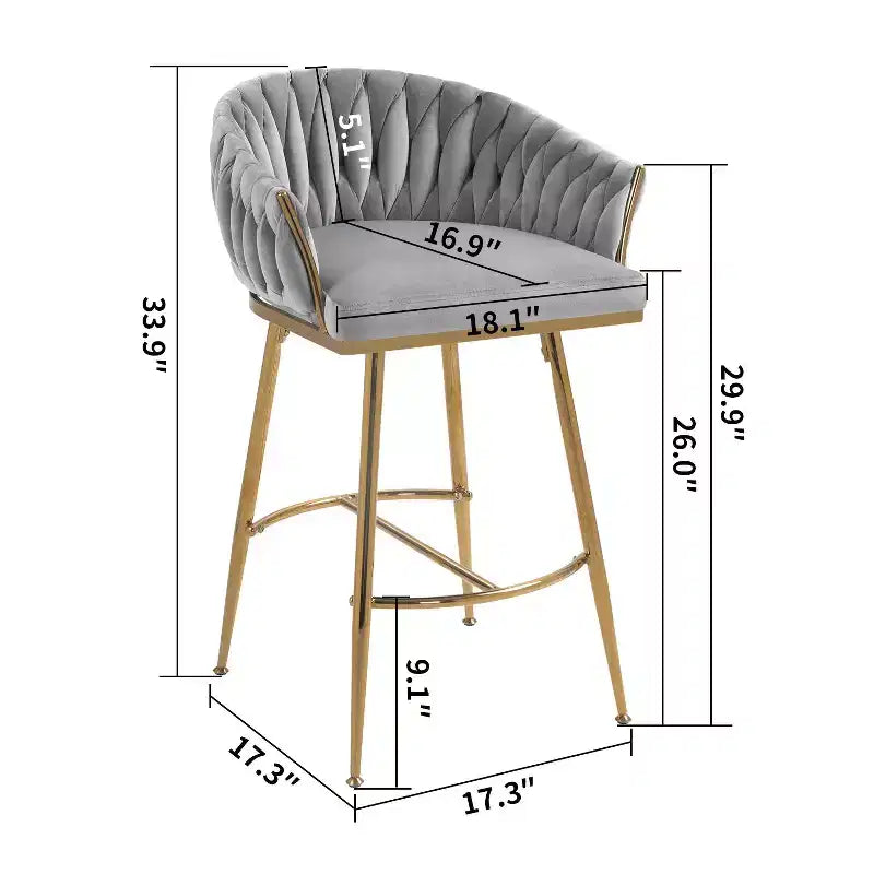 Okak 26 Inch Counter Stools with Velvet Upholstery, Hand-Wave Back Bar Stools with Golden Chromed Base and Footrest, for Kitchen Island, Home Bar