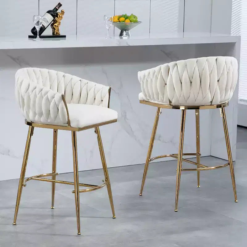 Okak 26 Inch Counter Stools with Velvet Upholstery, Hand-Wave Back Bar Stools with Golden Chromed Base and Footrest, for Kitchen Island, Home Bar
