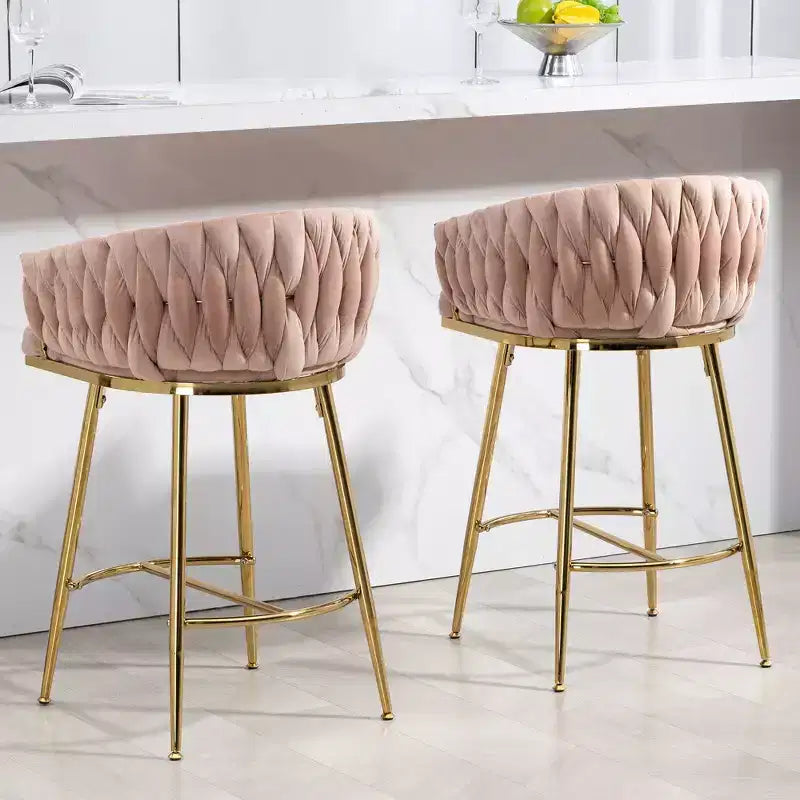Okak 26 Inch Counter Stools with Velvet Upholstery, Hand-Wave Back Bar Stools with Golden Chromed Base and Footrest, for Kitchen Island, Home Bar