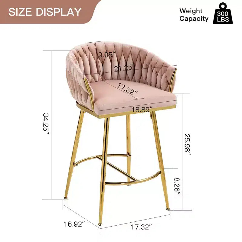 Okak 26 Inch Counter Stools with Velvet Upholstery, Hand-Wave Back Bar Stools with Golden Chromed Base and Footrest, for Kitchen Island, Home Bar