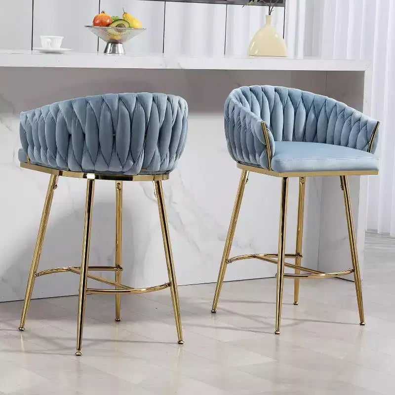 Okak 26 Inch Counter Stools with Velvet Upholstery, Hand-Wave Back Bar Stools with Golden Chromed Base and Footrest, for Kitchen Island, Home Bar