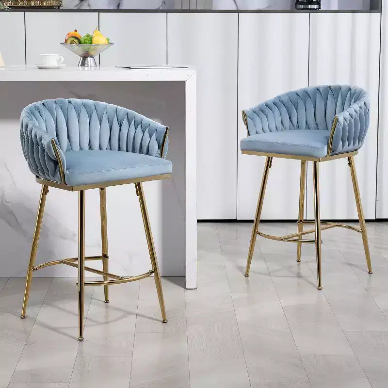 Okak 26 Inch Counter Stools with Velvet Upholstery, Hand-Wave Back Bar Stools with Golden Chromed Base and Footrest, for Kitchen Island, Home Bar