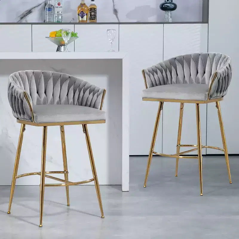 Okak 26 Inch Counter Stools with Velvet Upholstery, Hand-Wave Back Bar Stools with Golden Chromed Base and Footrest, for Kitchen Island, Home Bar