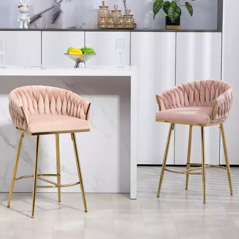 Okak 26 Inch Counter Stools with Velvet Upholstery, Hand-Wave Back Bar Stools with Golden Chromed Base and Footrest, for Kitchen Island, Home Bar