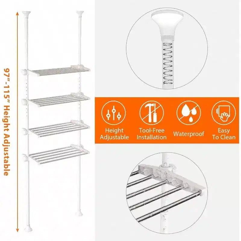 4 - Tier Over Toilet Storage Shelf Heavy Duty Metal White Space - Saving Bathroom Organizer No Drill 4.5 - 9.5 FT Adjustable