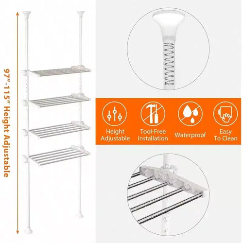 4 - Tier Over Toilet Storage Shelf Heavy Duty Metal White Space - Saving Bathroom Organizer No Drill 4.5 - 9.5 FT Adjustable