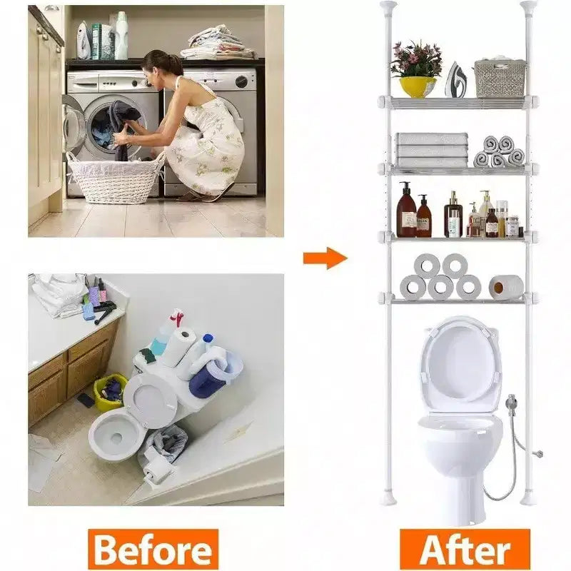 4 - Tier Over Toilet Storage Shelf Heavy Duty Metal White Space - Saving Bathroom Organizer No Drill 4.5 - 9.5 FT Adjustable