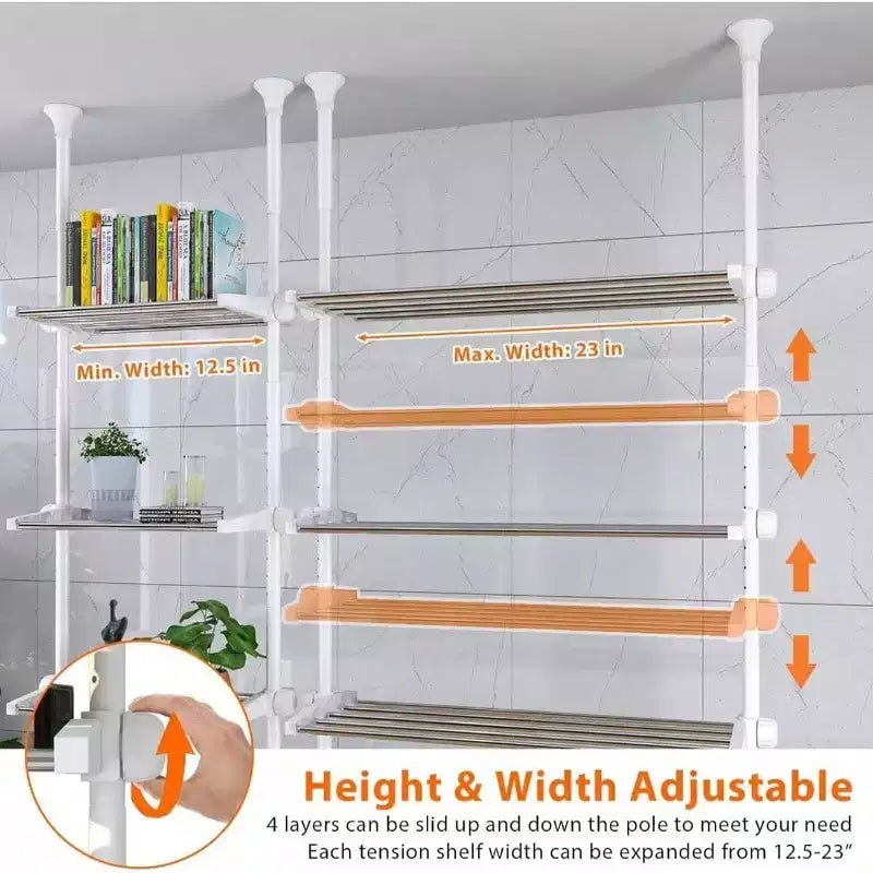 4 - Tier Over Toilet Storage Shelf Heavy Duty Metal White Space - Saving Bathroom Organizer No Drill 4.5 - 9.5 FT Adjustable