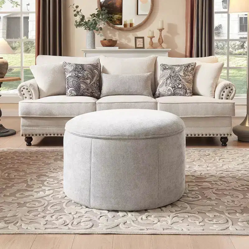 Large Round Storage Ottoman Coffee Table, Upholstered Chenille Footrest Ottoman Storage with Removable Top for Living Room, Bedroom