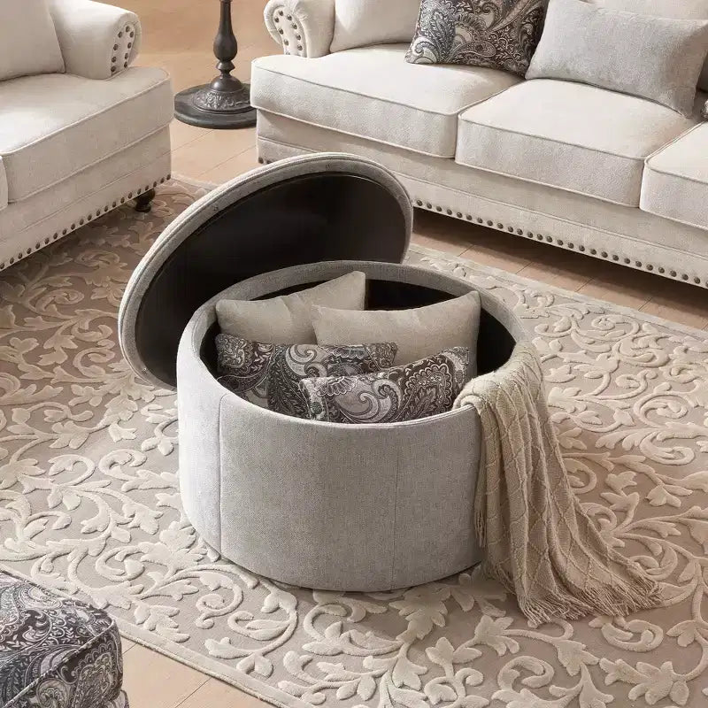 Grand pouf ottoman de rangement rond, table basse, ottoman de rangement rembourré en chenille avec couvercle amovible pour salon, chambre à coucher