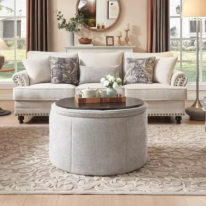 Grand pouf ottoman de rangement rond, table basse, ottoman de rangement rembourré en chenille avec couvercle amovible pour salon, chambre à coucher