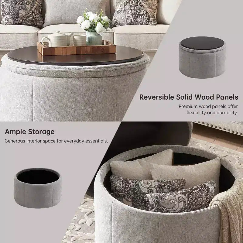 Grand pouf ottoman de rangement rond, table basse, ottoman de rangement rembourré en chenille avec couvercle amovible pour salon, chambre à coucher