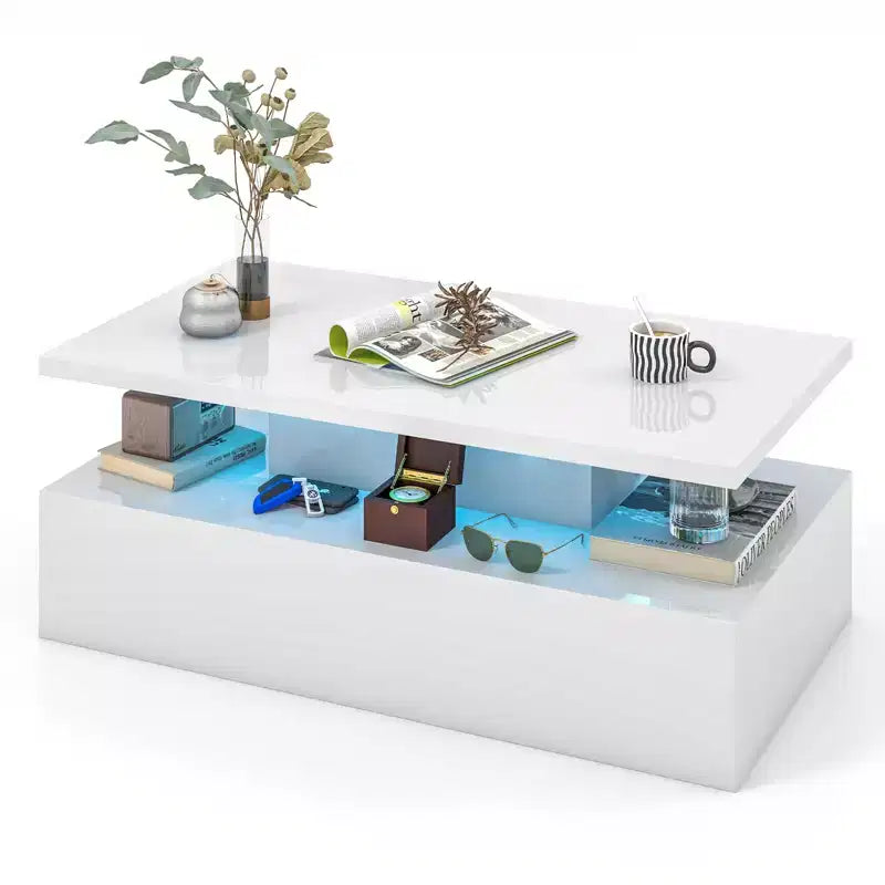 Costway LED Coffee Table Modern High Gloss Coffee Table w/ 20-Color LED Lights Adjustable Speed Brightness & Remote Control White/Black