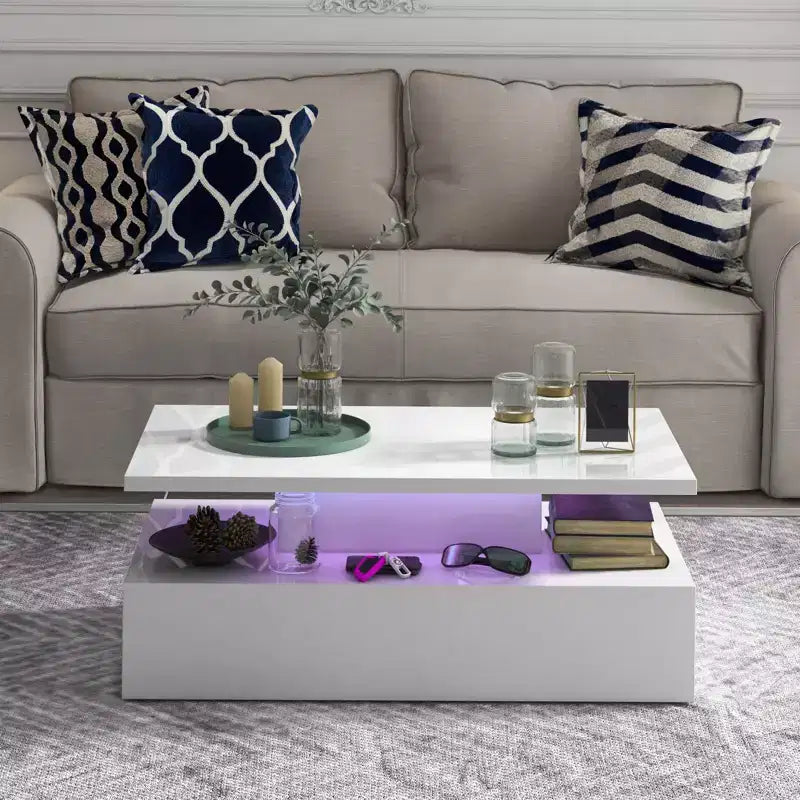 Costway LED Coffee Table Modern High Gloss Coffee Table w/ 20-Color LED Lights Adjustable Speed Brightness & Remote Control White/Black