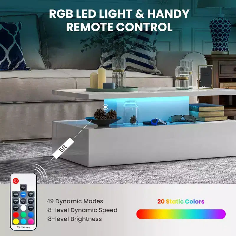 Costway LED Coffee Table Modern High Gloss Coffee Table w/ 20-Color LED Lights Adjustable Speed Brightness & Remote Control White/Black