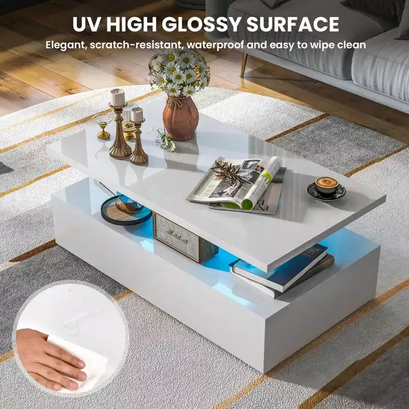 Costway LED Coffee Table Modern High Gloss Coffee Table w/ 20-Color LED Lights Adjustable Speed Brightness & Remote Control White/Black