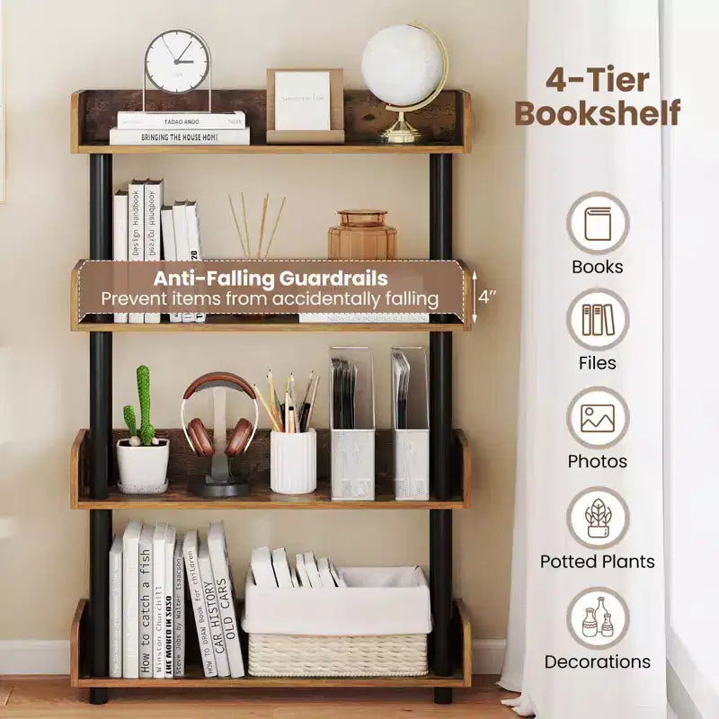 Costway 1/2 PCS 4-Tier Bookshelf with Anti-Tipping Kit Industrial Storage Unit for Living Room Rustic Brown/Black