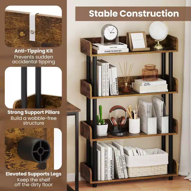 Costway 1/2 PCS 4-Tier Bookshelf with Anti-Tipping Kit Industrial Storage Unit for Living Room Rustic Brown/Black