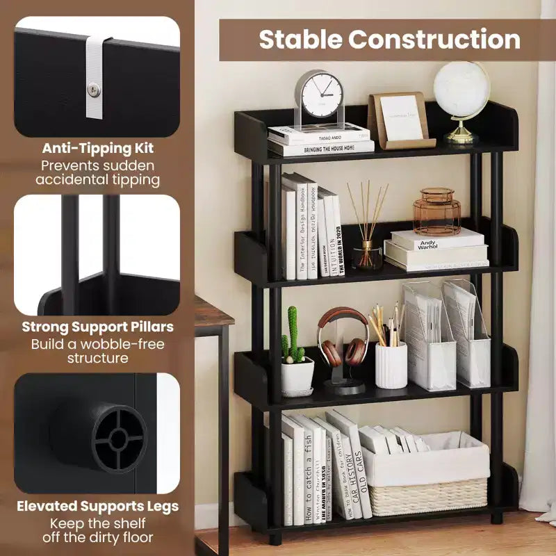 Costway 1/2 PCS 4-Tier Bookshelf with Anti-Tipping Kit Industrial Storage Unit for Living Room Rustic Brown/Black