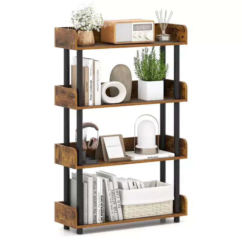 Costway 1/2 PCS 4-Tier Bookshelf with Anti-Tipping Kit Industrial Storage Unit for Living Room Rustic Brown/Black
