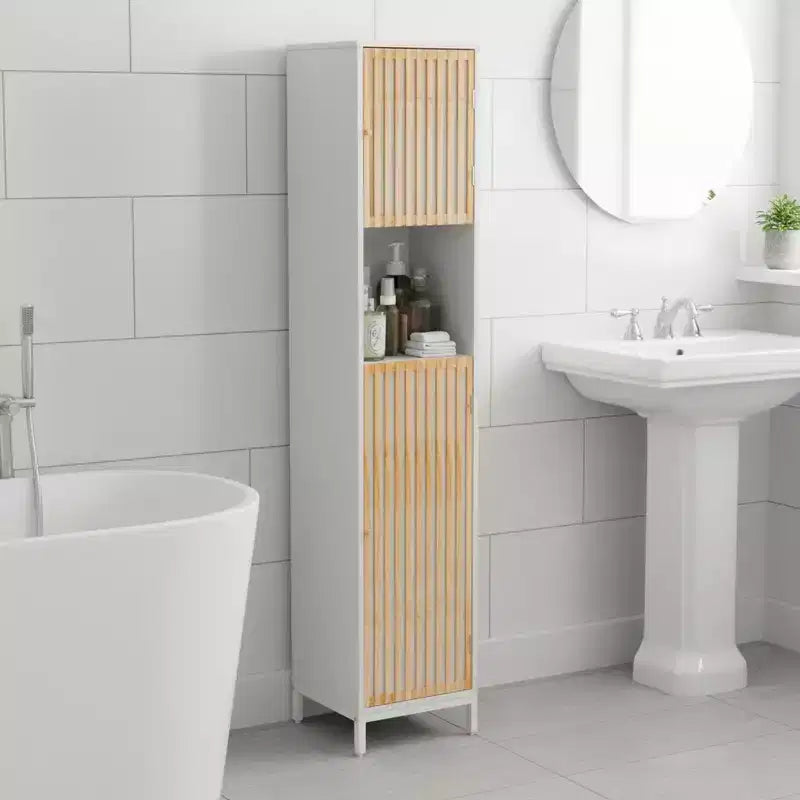 Homy Casa Bathroom Tall Storage Cabinet with Bamboo Slat Doors, Freestanding Slim Organizer, White