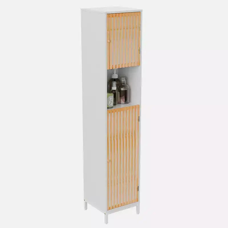 Homy Casa Bathroom Tall Storage Cabinet with Bamboo Slat Doors, Freestanding Slim Organizer, White
