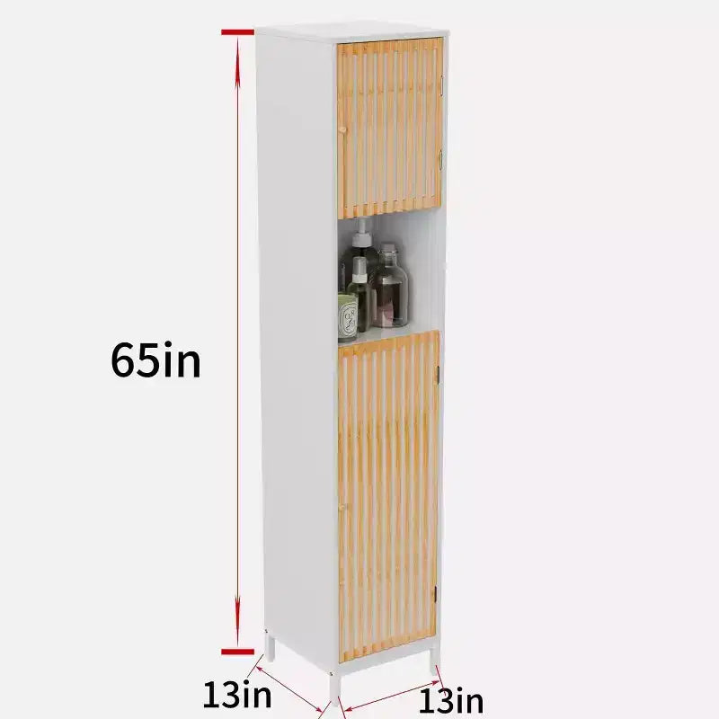 Homy Casa Bathroom Tall Storage Cabinet with Bamboo Slat Doors, Freestanding Slim Organizer, White