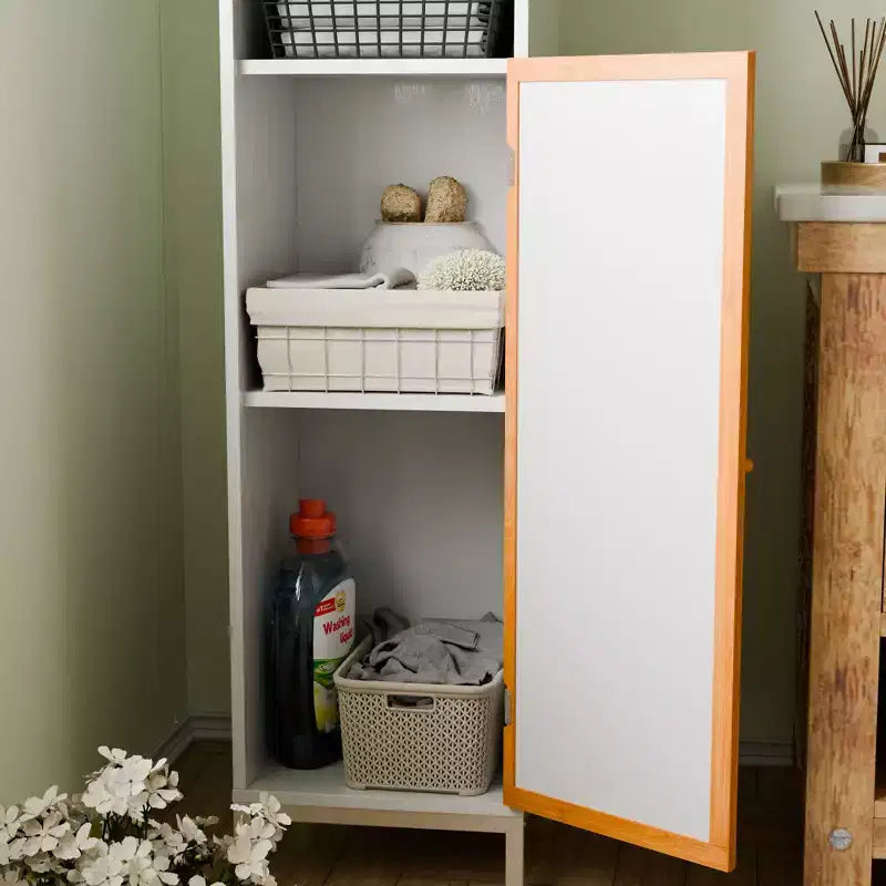 Homy Casa Bathroom Tall Storage Cabinet with Bamboo Slat Doors, Freestanding Slim Organizer, White
