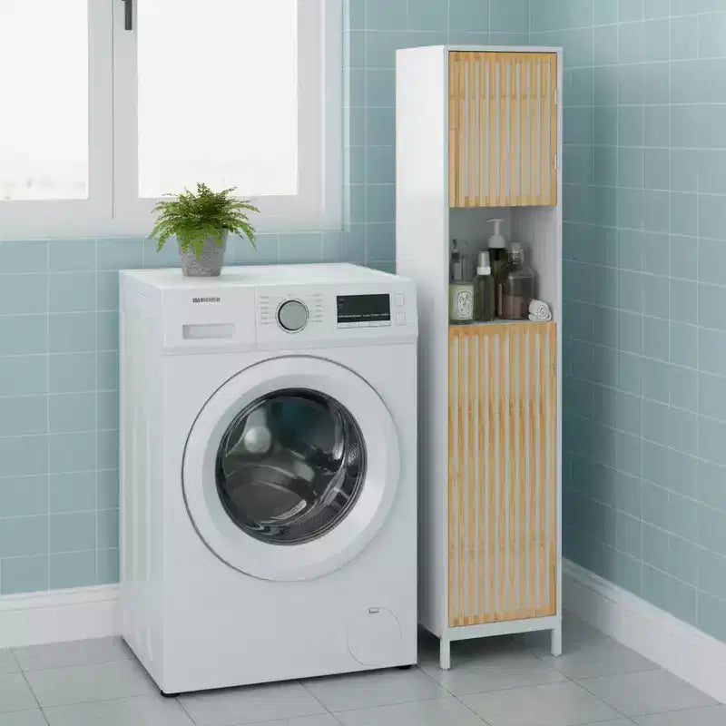 Homy Casa Bathroom Tall Storage Cabinet with Bamboo Slat Doors, Freestanding Slim Organizer, White