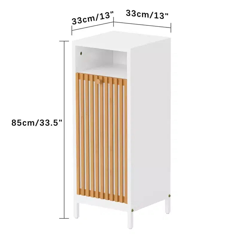 Homy Casa Bathroom Side Cabinet with Bamboo Front & Built-In Hamper, White