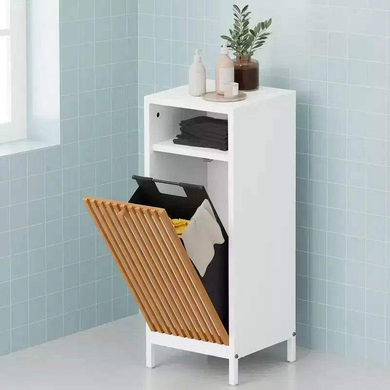 Homy Casa Bathroom Side Cabinet with Bamboo Front & Built-In Hamper, White