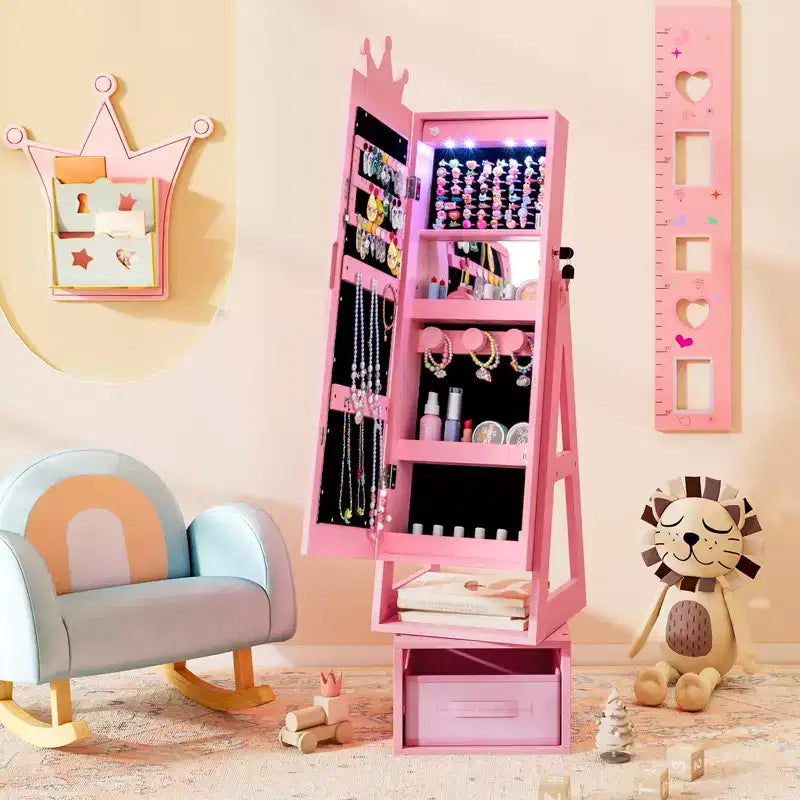 Costway Armoire à bijoux 3-en-1 pour enfants avec miroir pleine longueur éclairé 3 couleurs et miroir interne