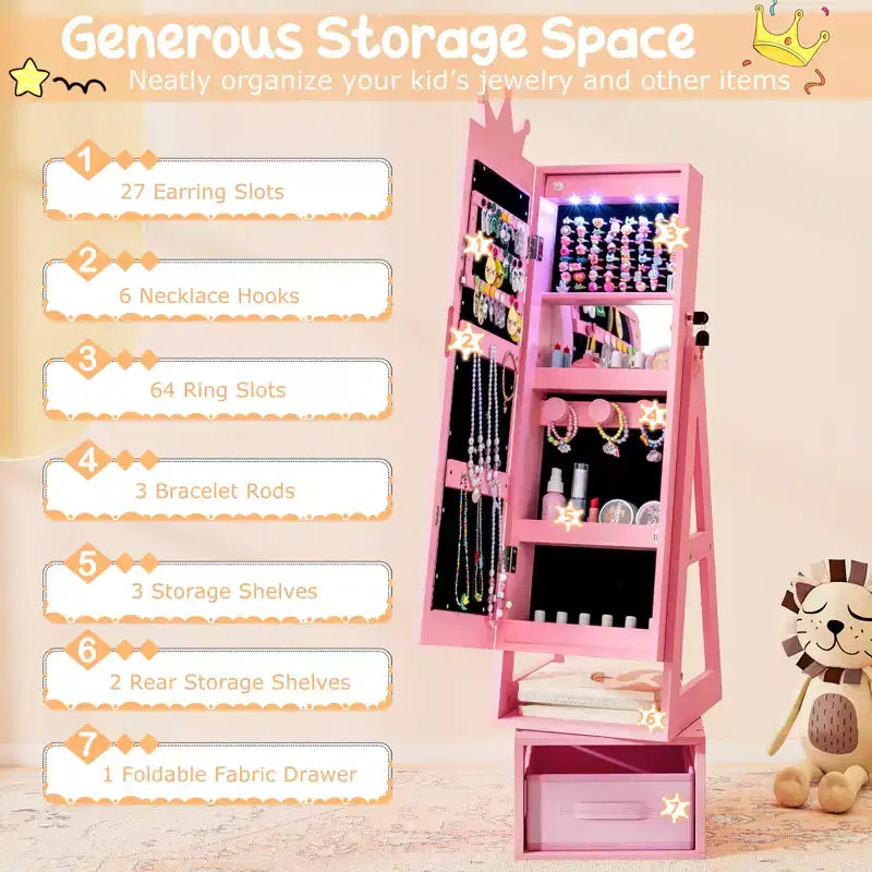 Costway 3 In 1 Kids Jewelry Cabinet w/3-Color Lighted Full Length Mirror Internal Mirror