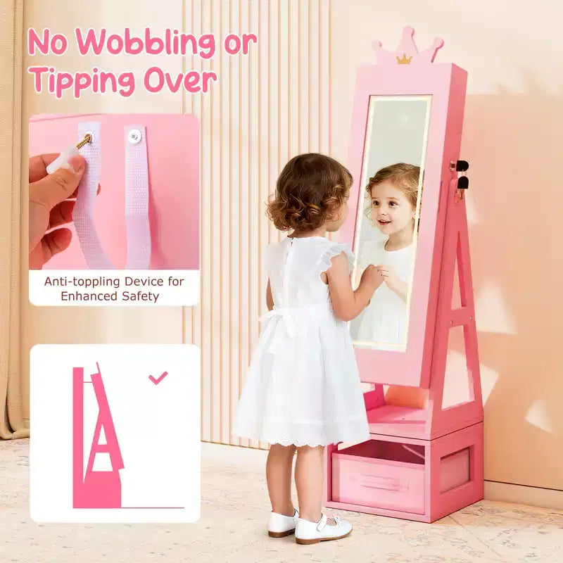 Costway 3 In 1 Kids Jewelry Cabinet w/3-Color Lighted Full Length Mirror Internal Mirror