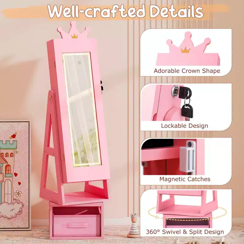 Costway Armoire à bijoux 3-en-1 pour enfants avec miroir pleine longueur éclairé 3 couleurs et miroir interne