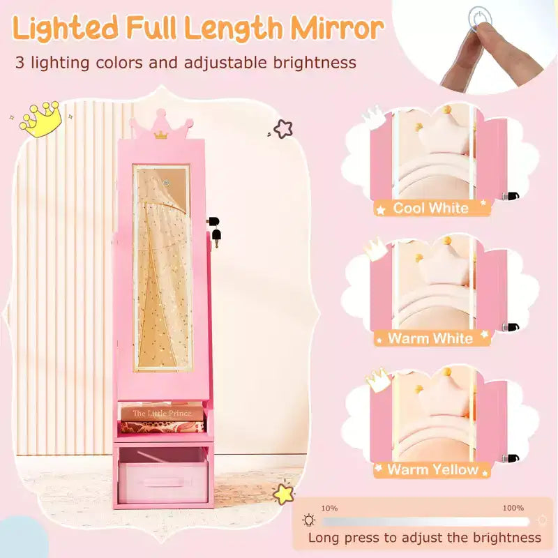 Costway Armoire à bijoux 3-en-1 pour enfants avec miroir pleine longueur éclairé 3 couleurs et miroir interne