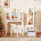 Armoire à Bijoux Pivotante pour Enfants avec Lumières, Miroir sur Pied et Miroir Intégré