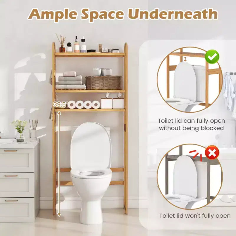 Étagère de rangement Costway en bambou pour toilettes avec 3 étagères ouvertes réglables