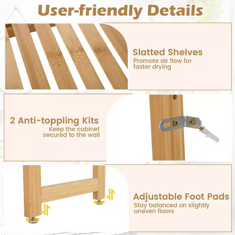 Étagère de rangement Costway en bambou pour toilettes avec 3 étagères ouvertes réglables