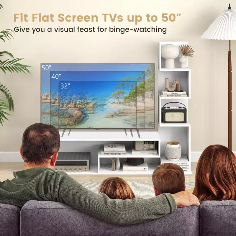 Costway Book Shelf TV Stand for 50 TV L-Shaped Entertainment Center with Storage & 3 Tier Bookshelf Wood Television Stands Modern White