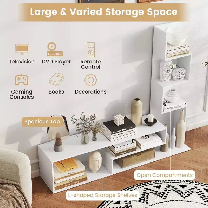 Costway Book Shelf TV Stand for 50 TV L-Shaped Entertainment Center with Storage & 3 Tier Bookshelf Wood Television Stands Modern White