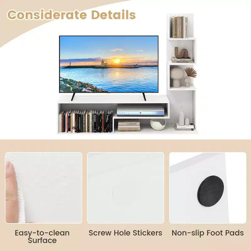 Costway Book Shelf TV Stand for 50 TV L-Shaped Entertainment Center with Storage & 3 Tier Bookshelf Wood Television Stands Modern White