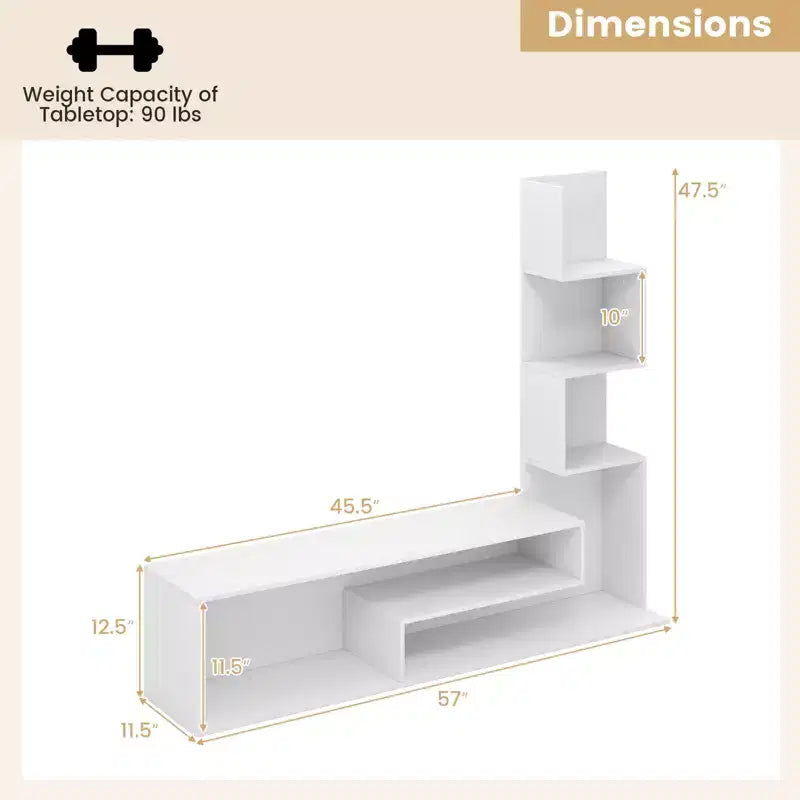 Costway Book Shelf TV Stand for 50 TV L-Shaped Entertainment Center with Storage & 3 Tier Bookshelf Wood Television Stands Modern White